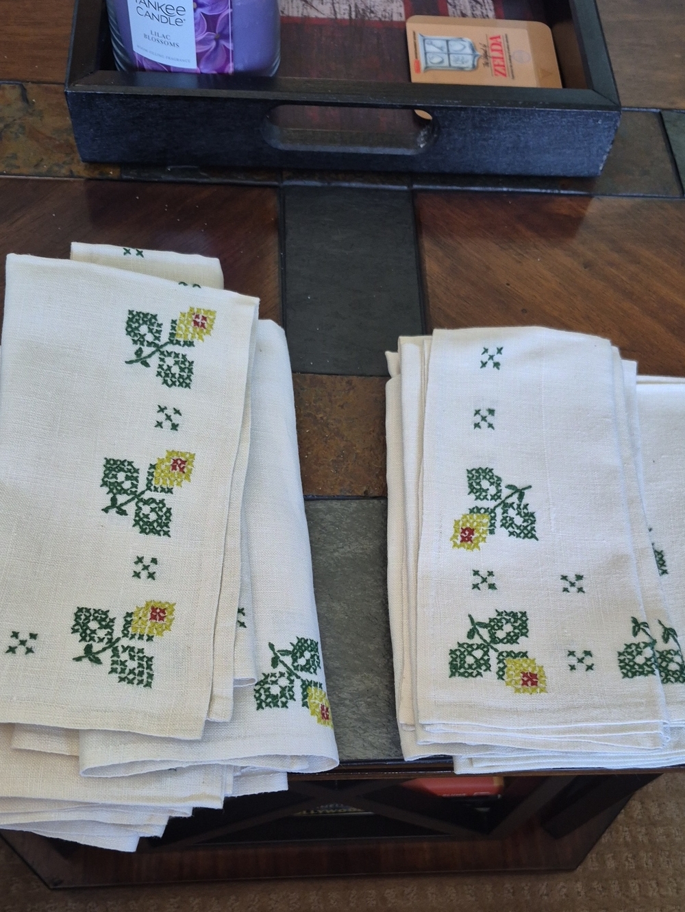 Mid 20th Century Embroidered Floral Linen Napkins -  16 Total